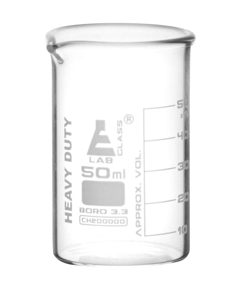 EISCO Heavy Duty Beaker, 50ml - 2.2mm Thick, Uniform Walls - Superior Durability & Chemical Resistance - White Graduations - Borosilicate 3.3 Glass - Image 1